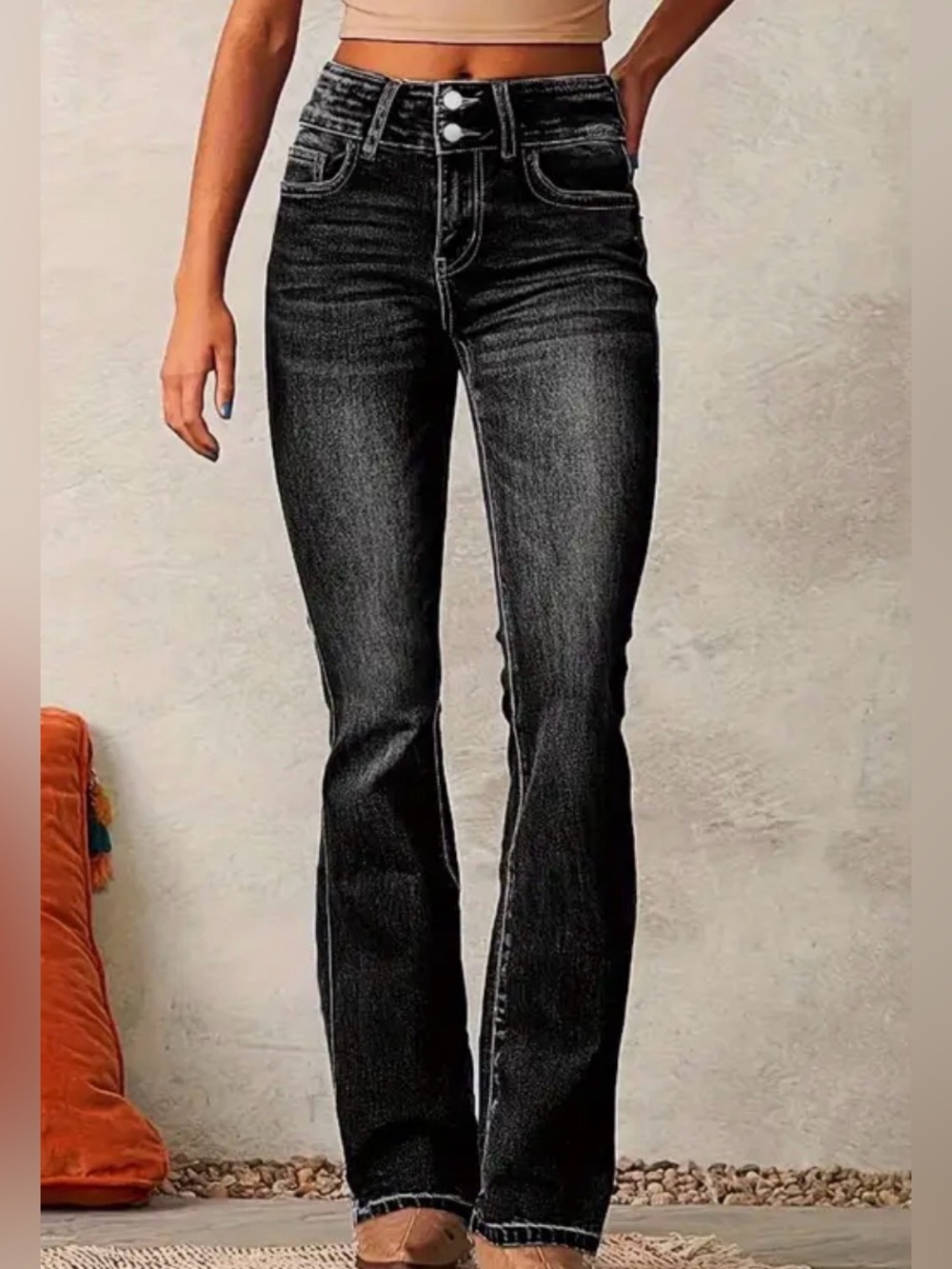 Women’s Retro Stretch Washed Bootcut Jeans Black Denim NIP SZ XL